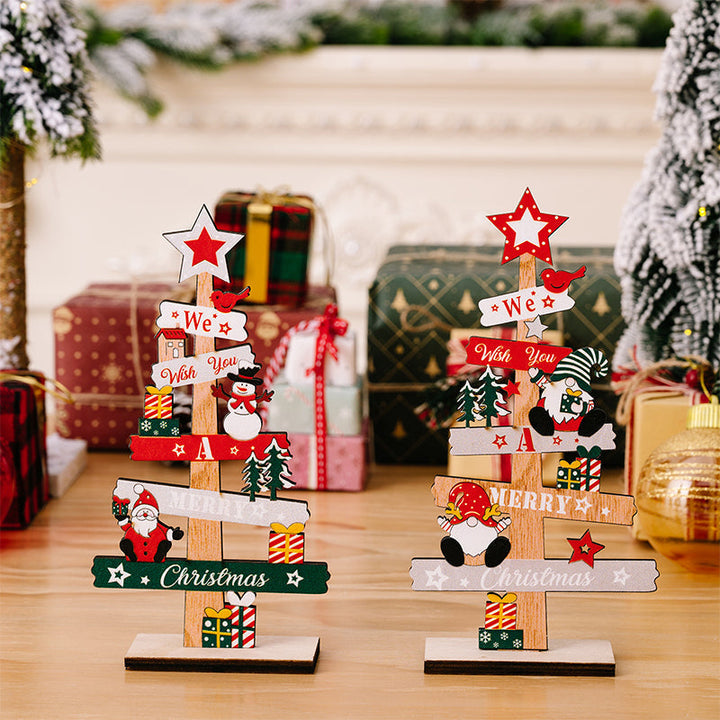 Houten kerstdecoratie voor op tafel met sneeuwpop en kerstman