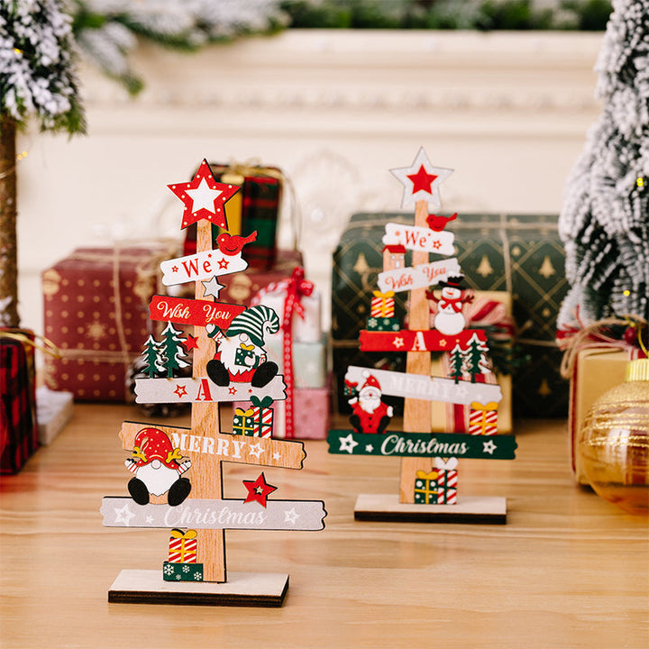 Houten kerstdecoratie voor op tafel met sneeuwpop en kerstman