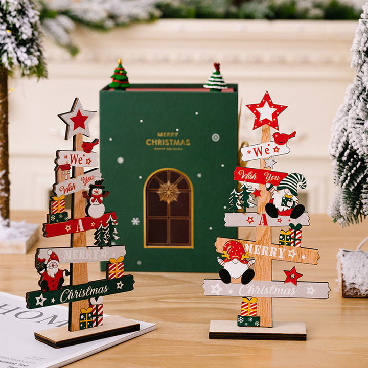 Houten kerstdecoratie voor op tafel met sneeuwpop en kerstman