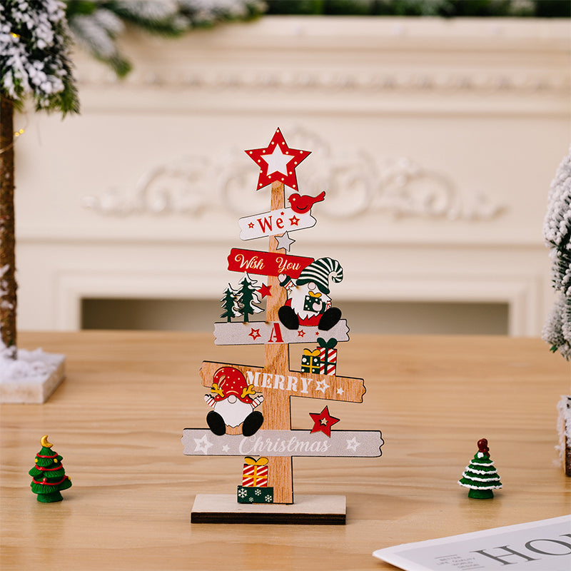 Houten kerstdecoratie voor op tafel met sneeuwpop en kerstman