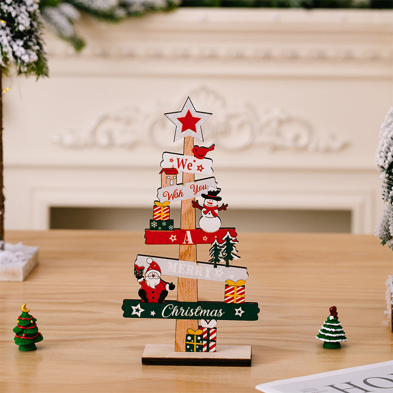 Houten kerstdecoratie voor op tafel met sneeuwpop en kerstman