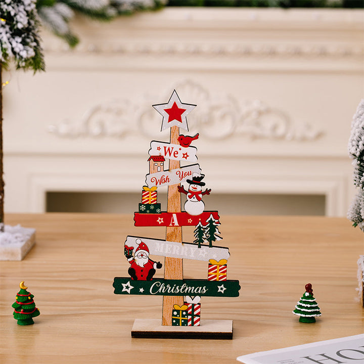 Houten kerstdecoratie voor op tafel met sneeuwpop en kerstman