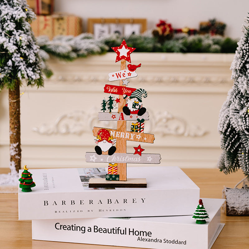 Houten kerstdecoratie voor op tafel met sneeuwpop en kerstman