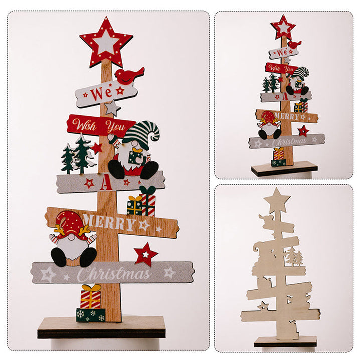 Houten kerstdecoratie voor op tafel met sneeuwpop en kerstman