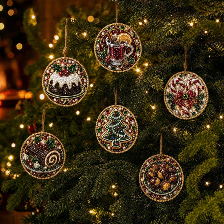 Zes houten kerstballen met diamond painting