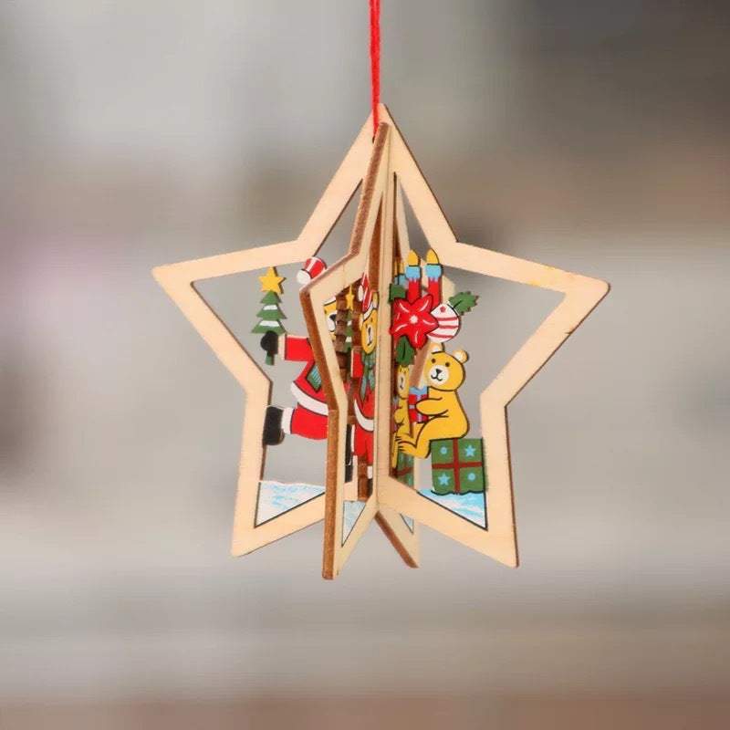 Lasergesneden 3D houten kerstboomhangers – ster, bel en beer