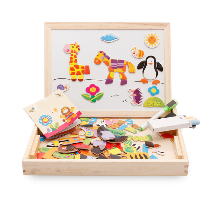 Hollevo Houten magneetbord met dierenpuzzel en krijtbord
