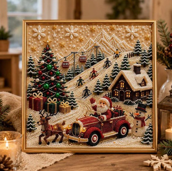 Diamond painting met kerstman op houten frame