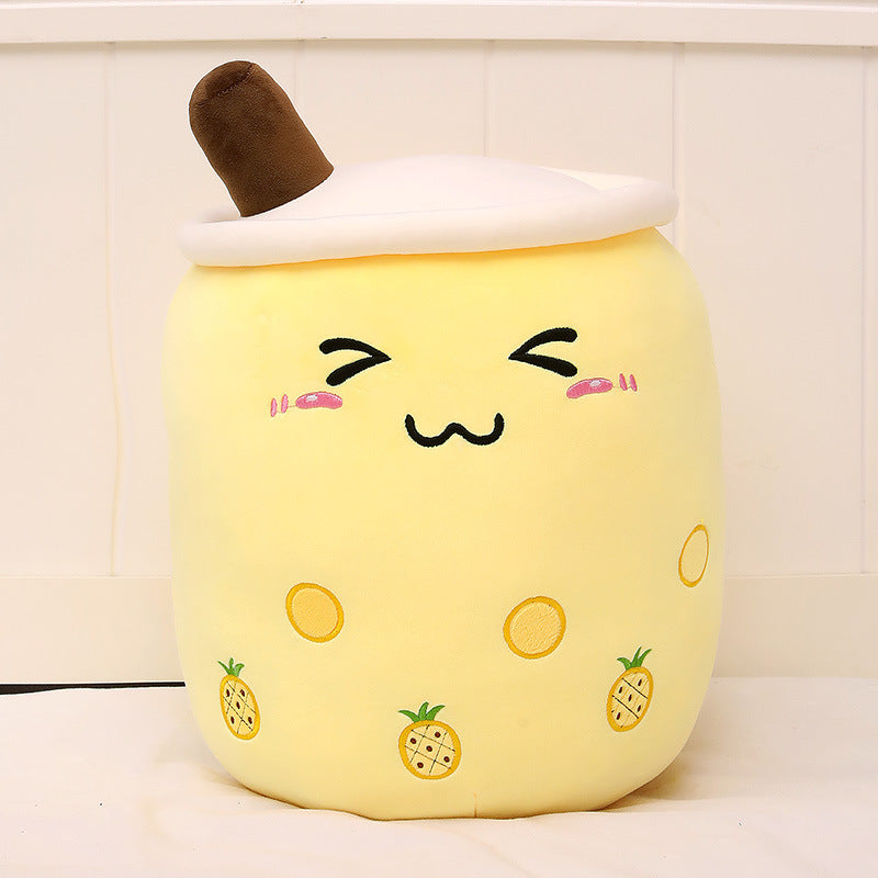 Bruine bubble tea knuffel met geborduurd gezicht