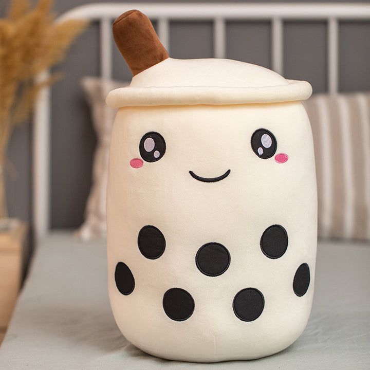 Bruine bubble tea knuffel met geborduurd gezicht