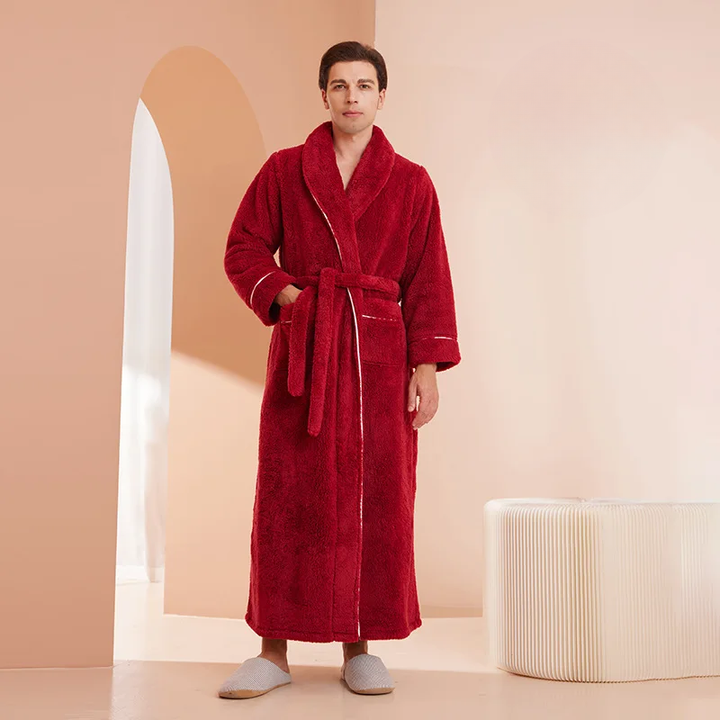 Badjas van dikke flanel fleece met kraag en strikceintuur