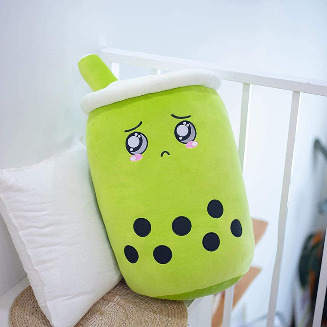Bruine bubble tea knuffel met geborduurd gezicht
