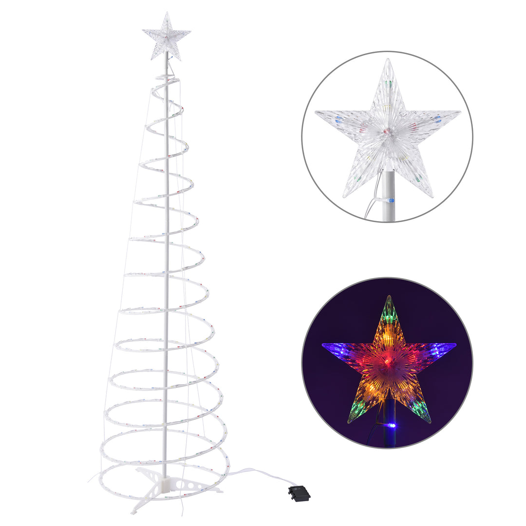 Verlichte led spiraalkerstboom met ster in de tuin
