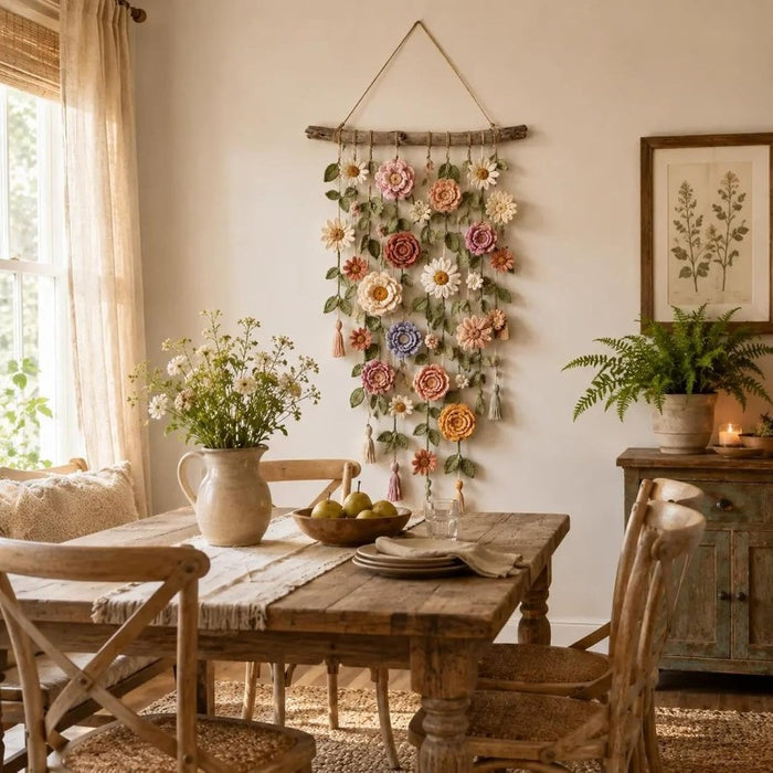 Hollevo Boho wandhanger met stoffen bloemen aan houten tak