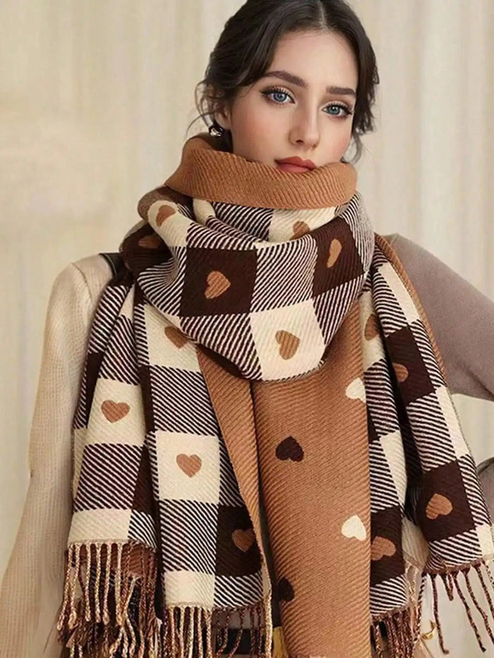 Hollevo™ Geruite wintersjaal met hartjes – zachte omslagdoek