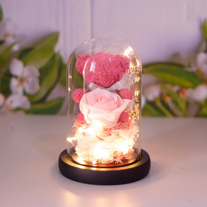 Eeuwige roos met teddybeer in glazen stolp en led-licht