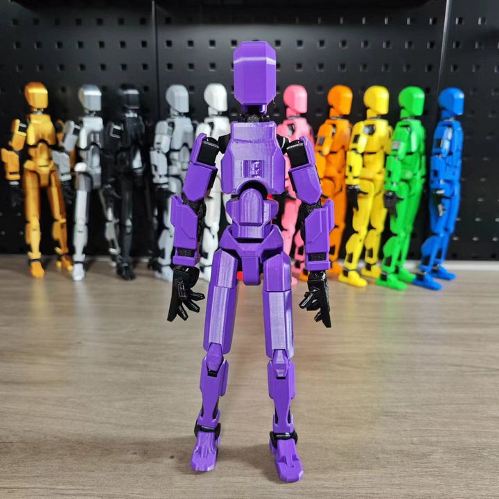 Oranje 3D-geprinte robotfiguur in actiehouding