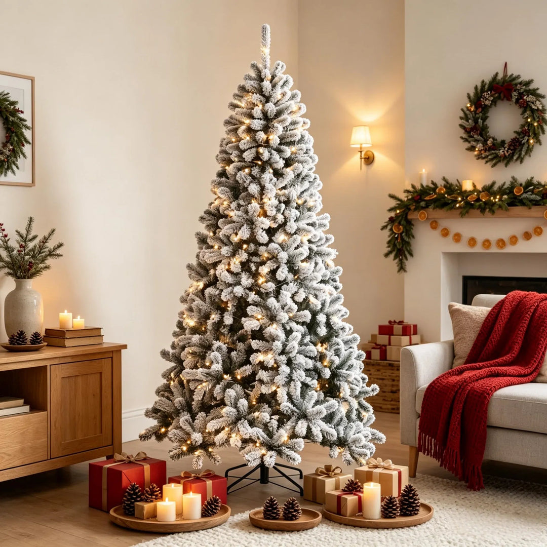 Besneeuwde Northern pine kerstboom met lichtjes