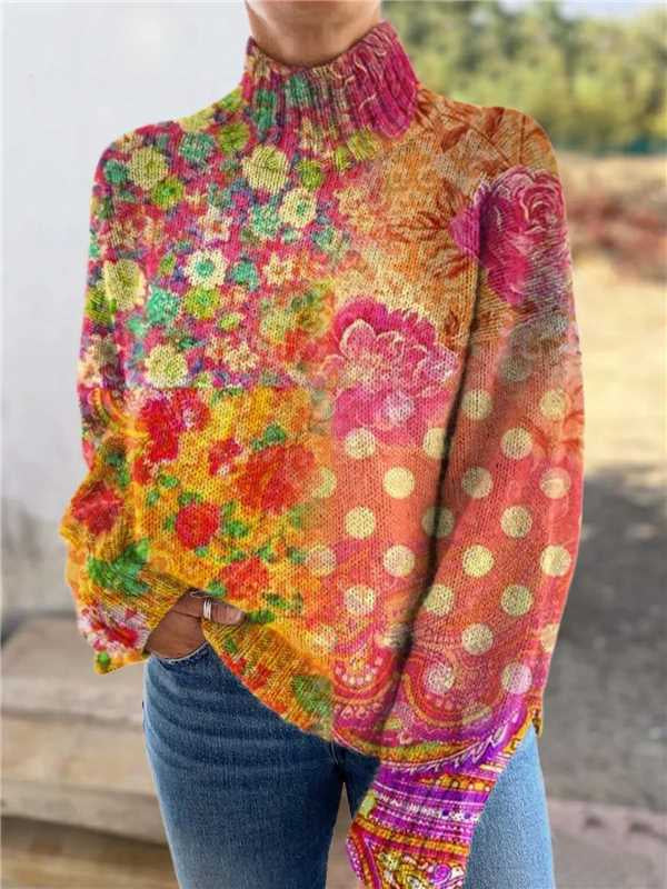Vrouw in losse coltrui met print