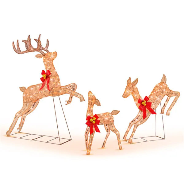 Hollevo Set van 3 verlichte glitterrendieren met strik en belletjes