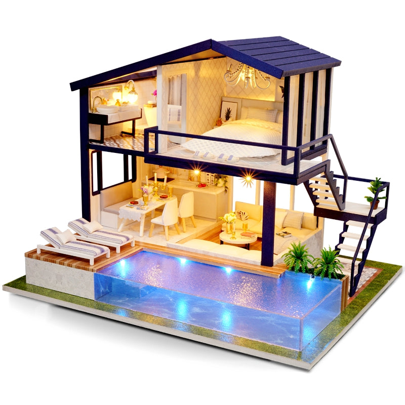 Verlicht miniatuur poppenhuis met zwembad