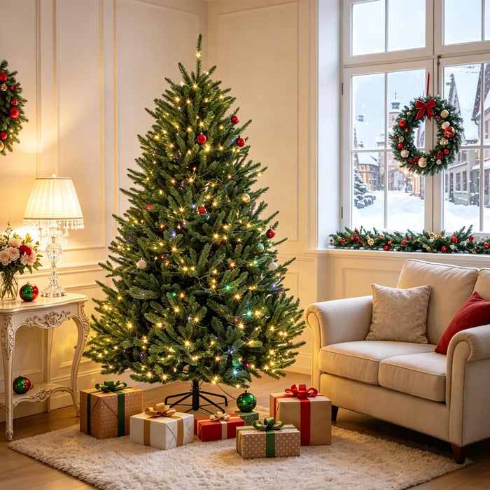 Hollevo Volle groene kerstboom 183 cm met 480 leds en voetpedaal