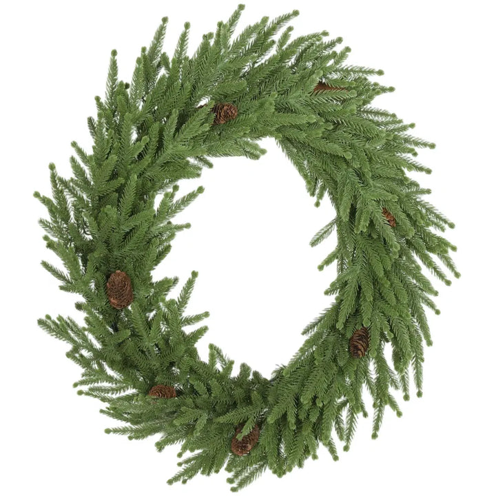 Groene kerstkrans met dennenappels