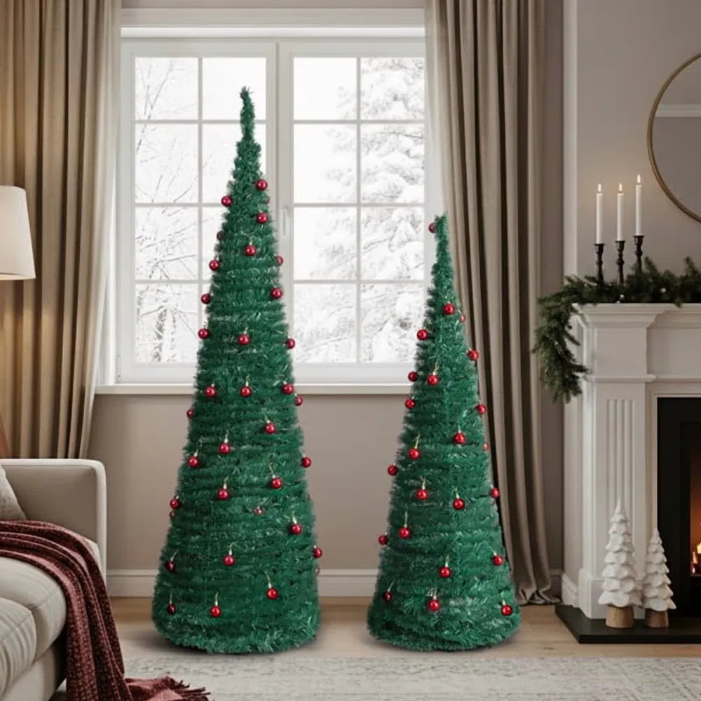 Twee pop-up kerstbomen met rode ballen