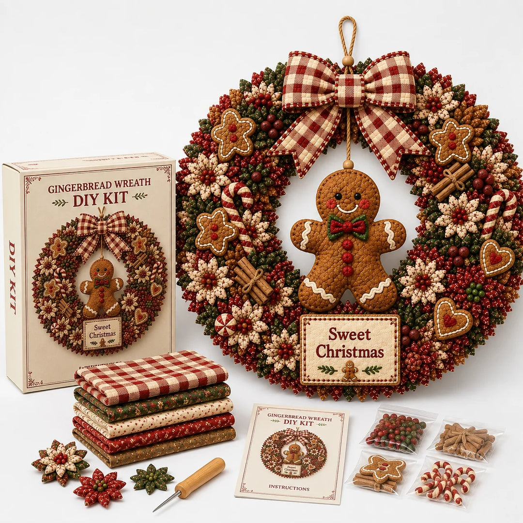 Stoffen kerstkrans met kerstman en cadeaudoos