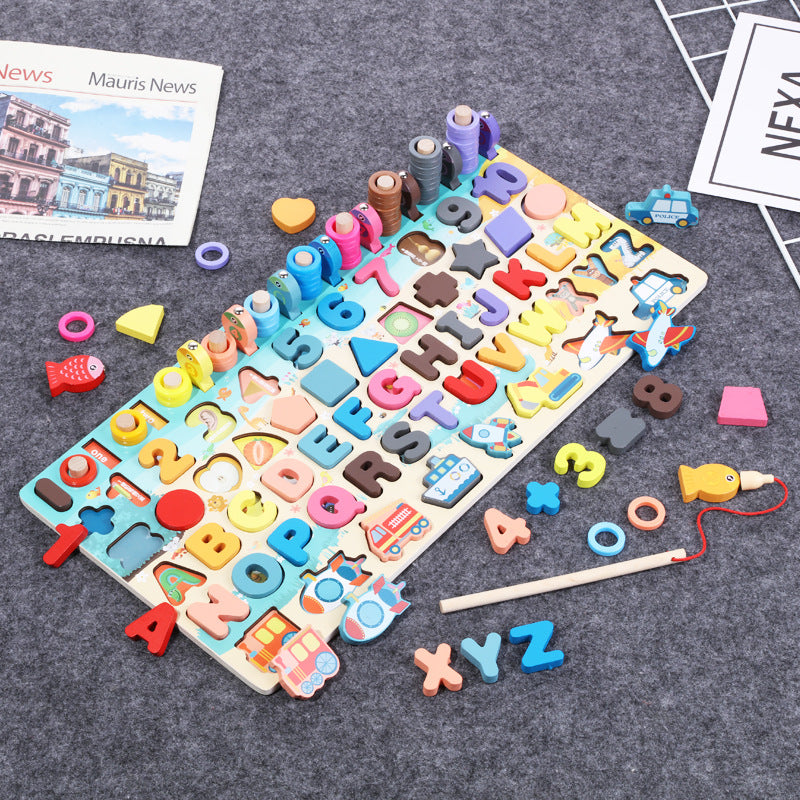 Houten montessori bord met cijfers en hengel
