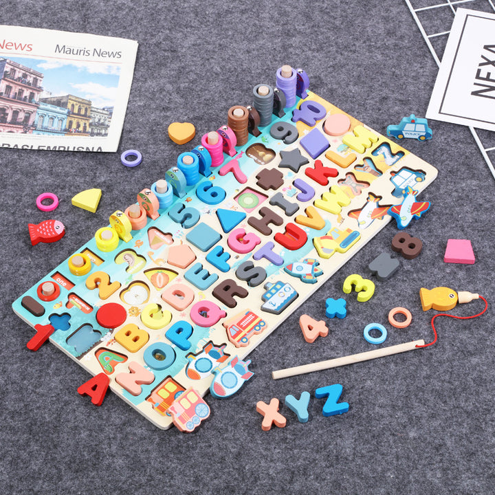 Houten montessori bord met cijfers en hengel