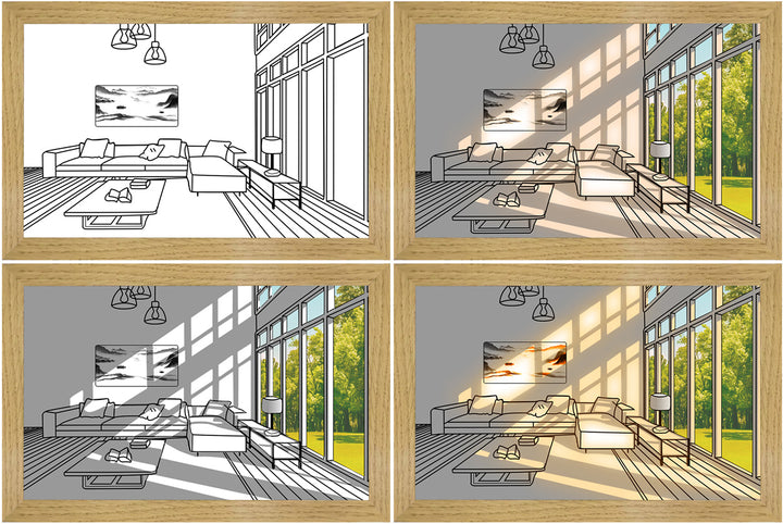 Verlicht schilderij met zonlicht door een raam