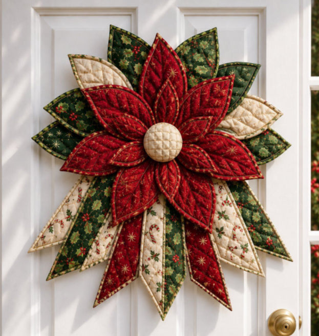 Grote patchwork kerstster met sneeuwpop aan deur