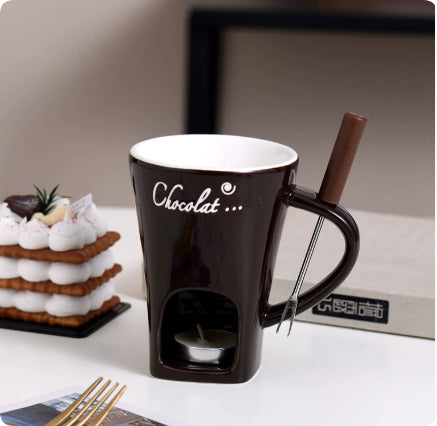 Hollevo Keramische fonduemok met vork voor chocolade of kaas