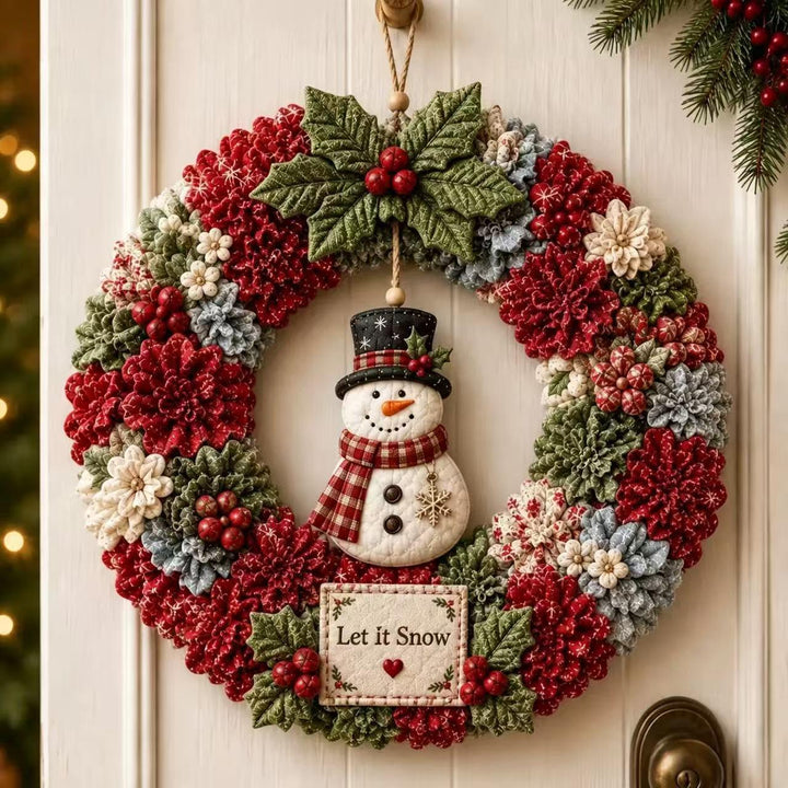 Stoffen kerstkrans met sneeuwpop in het midden