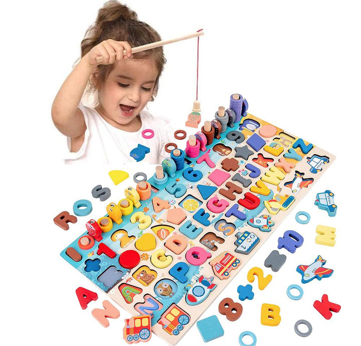 Houten montessori bord met cijfers en hengel