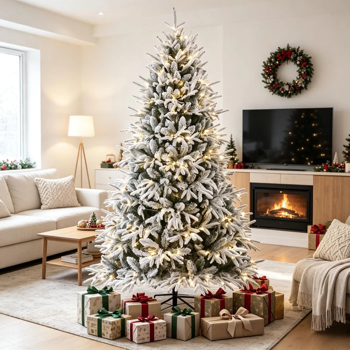 Extra volle besneeuwde kerstboom met lichtjes