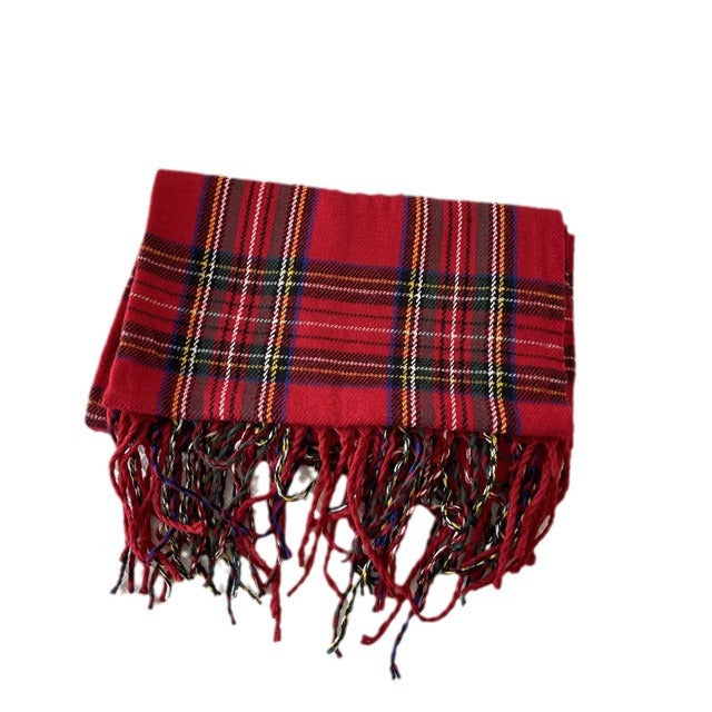 Hollevo Rode tartan sjaal met kwastjes, klassiek geruit