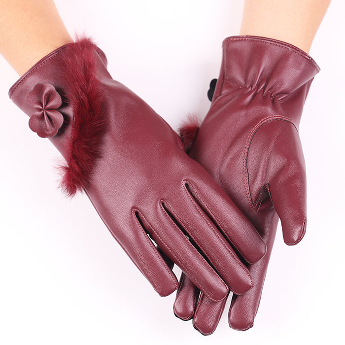 Hollevo Handschoenen van imitatieleer met pluizige rand en strik