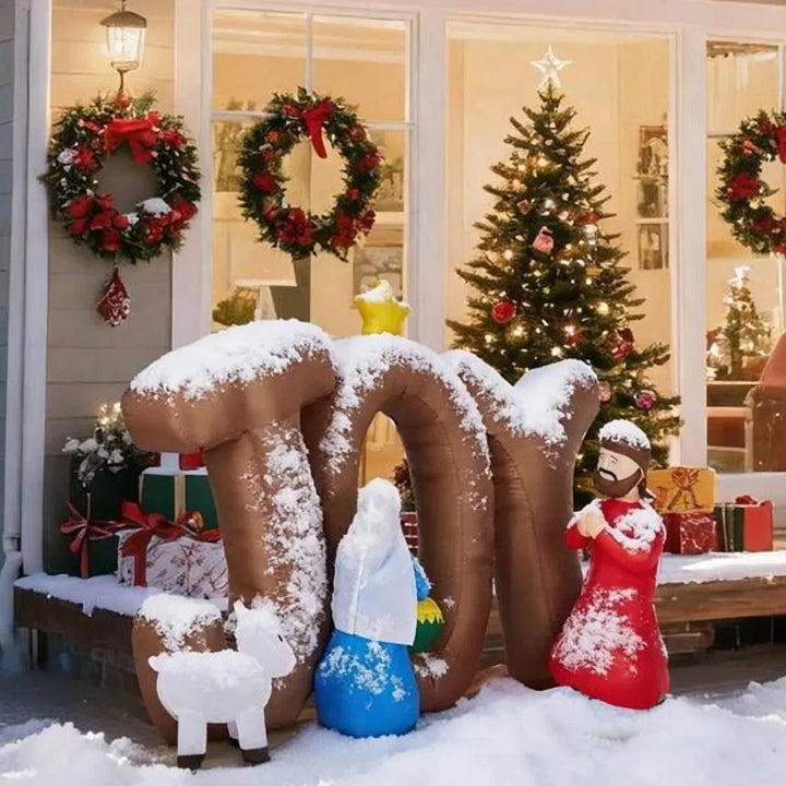 Opblaasbare kerststal met JOY-letters