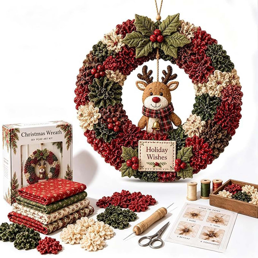 Stoffen kerstkrans met kerstman en cadeaudoos