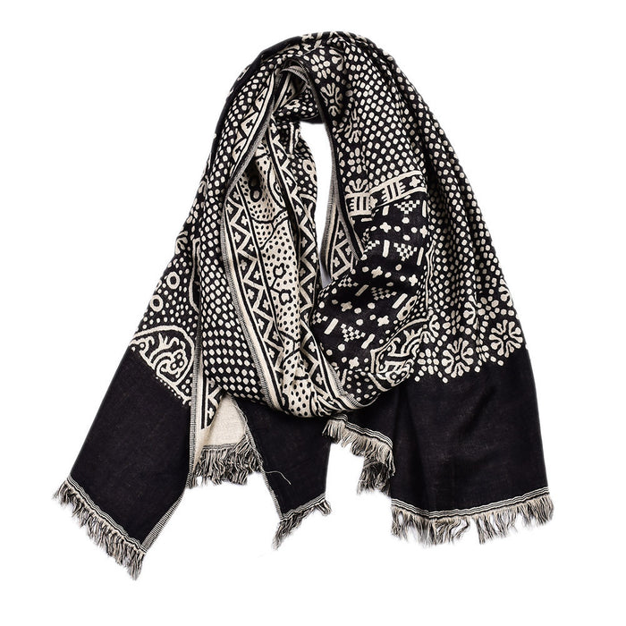 Hollevo Jacquard sjaal met etnisch patroon en franjes