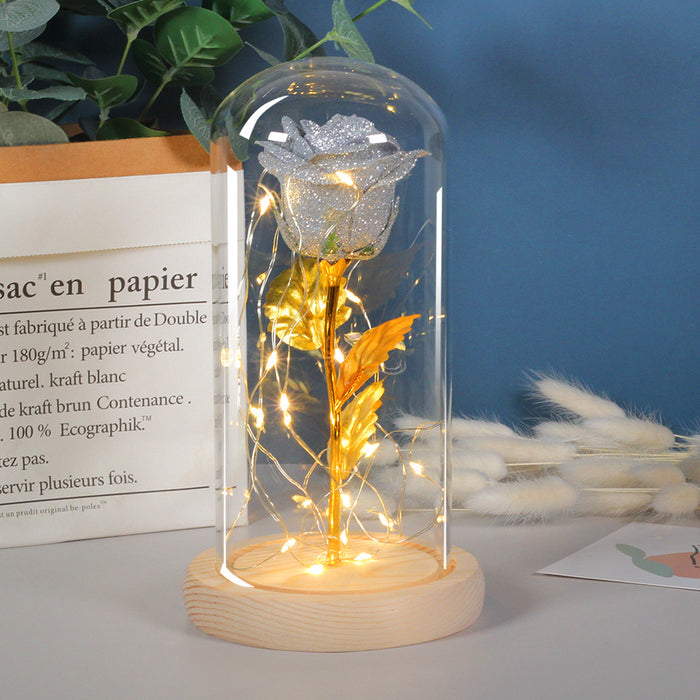 Hollevo Eeuwige roos in glazen stolp met goudblad en lichtjes