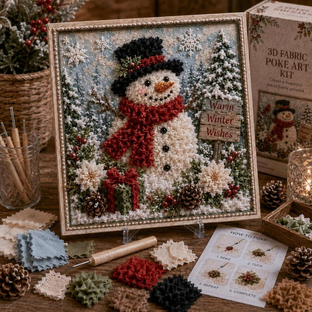 3D stoffen kerstplaatje met sneeuwpop in lijst