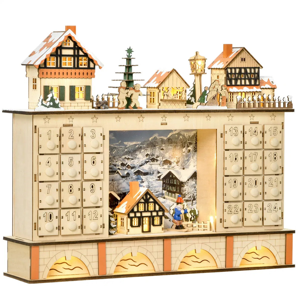 Houten verlichte adventskalender kerstdorp