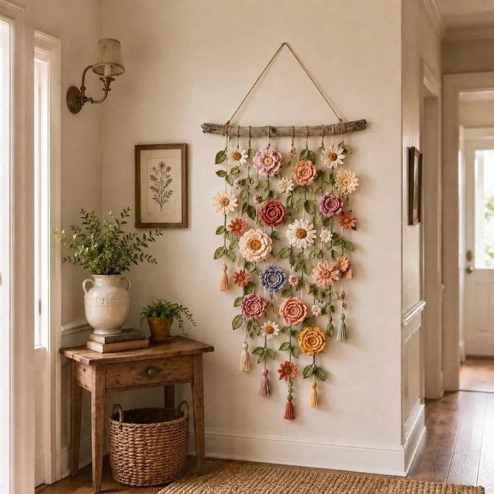 Boho wandhanger met kleurrijke stoffen bloemen
