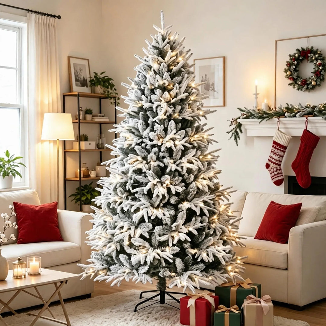 Volle besneeuwde kerstboom met warm licht