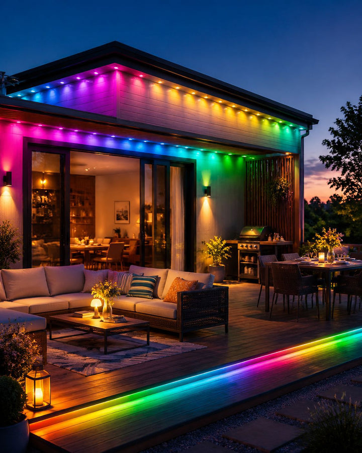 Huis met gekleurde gevelverlichting langs dakgoot