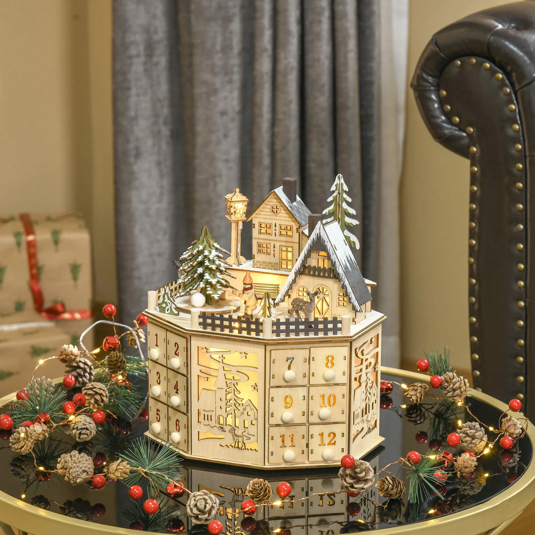 Houten verlichte adventskalender kerstdorp