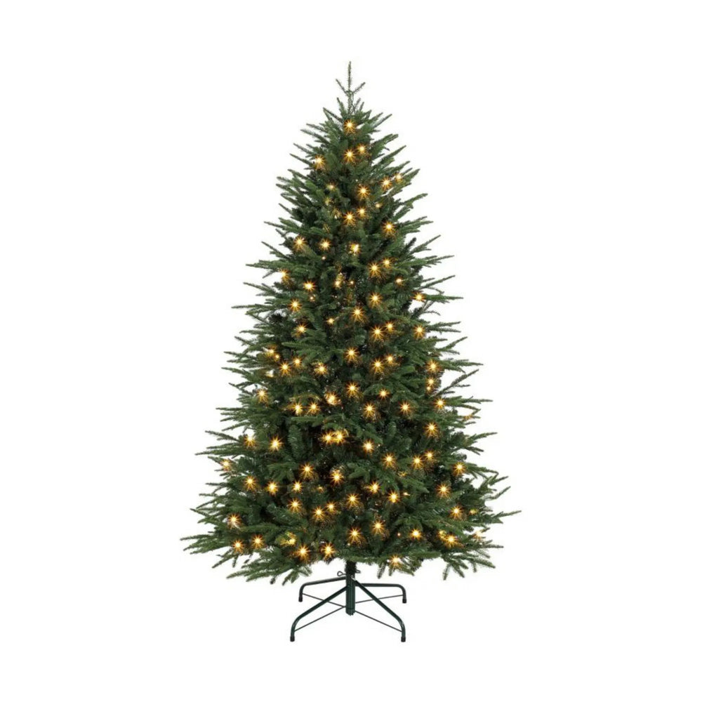 Volle groene kerstboom met warmwitte lampjes
